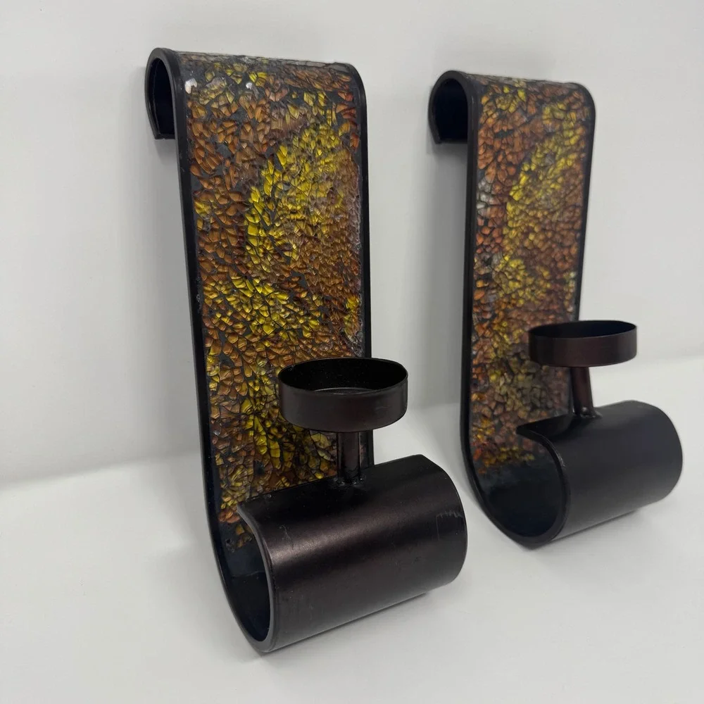 Wall Candle Sconces Mosiac Glass Pair Stained Glass Brown Metal Set of 2